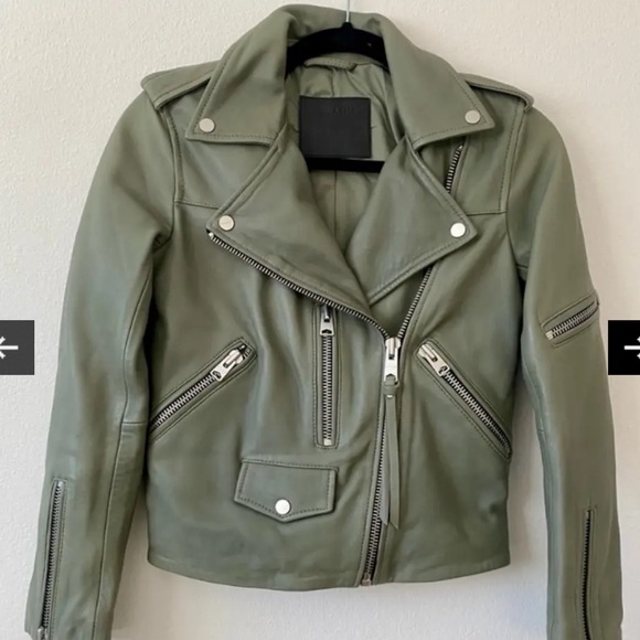 ALL SAINTS Darnley Slim Fit Biker olive/Sage green 100% Lamb Leather Jacket- 6 - Picture 4 of 16